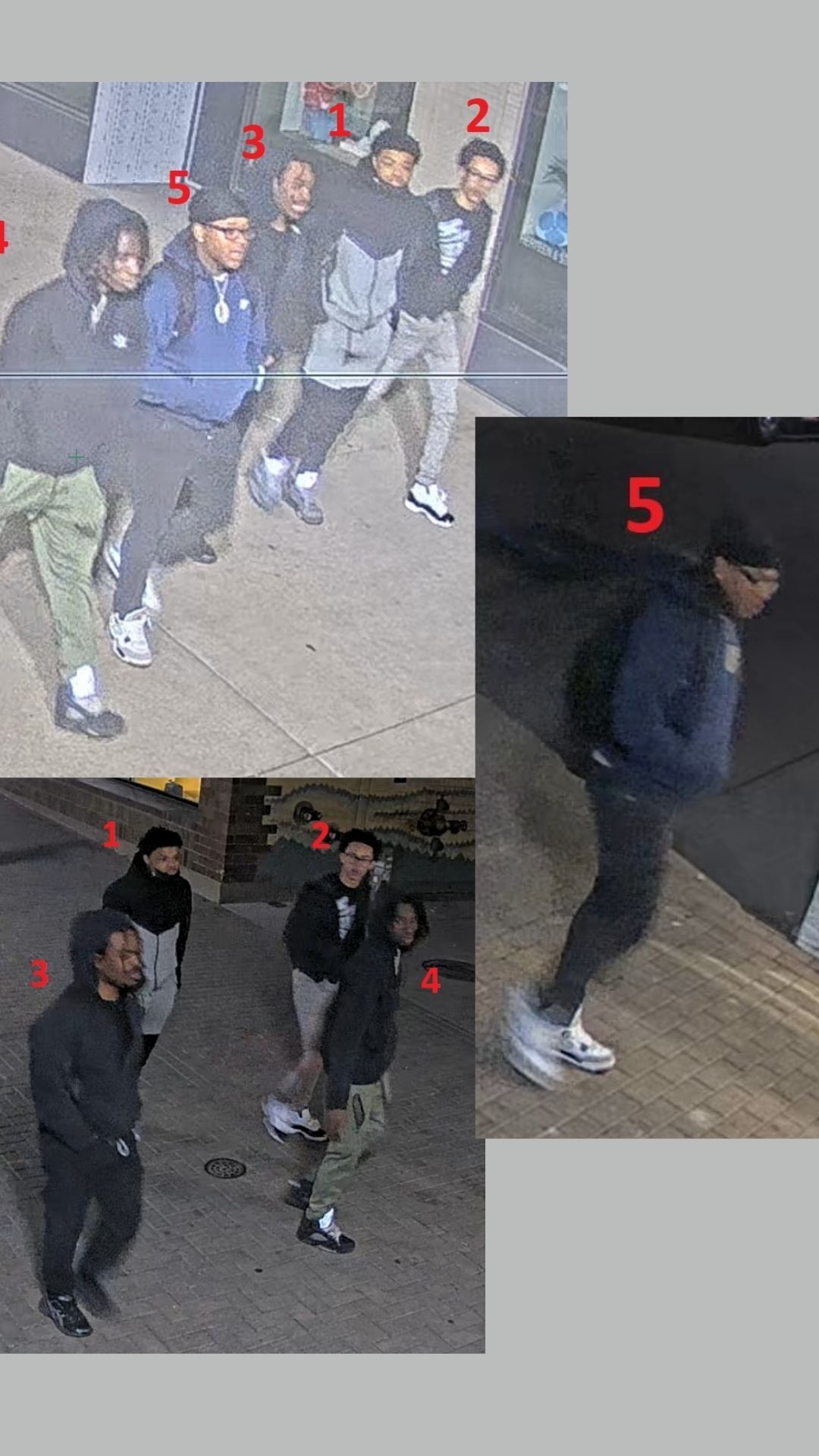 Composite of grainy nighttime surveillance images showing five people walking together on a paved sidewalk near a building. Individuals are labeled with red numbers 1–5 and wear casual clothing, including hooded sweatshirts or jackets, long pants, and athletic shoes. One close-up highlights person “5” wearing a dark jacket, dark pants, a dark knit cap, and light-colored athletic shoes.