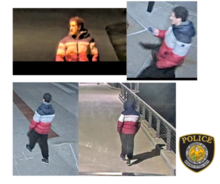 Image shows multiple angles of a male subject wearing a blue, white, and red striped winter jacket. 